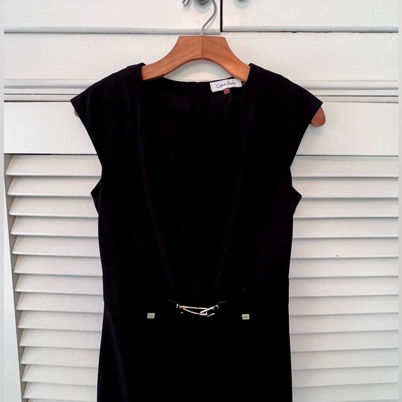 Calvin Klein sheath dress with gold accents and shallow V-neck front. - Picture 3 of 7